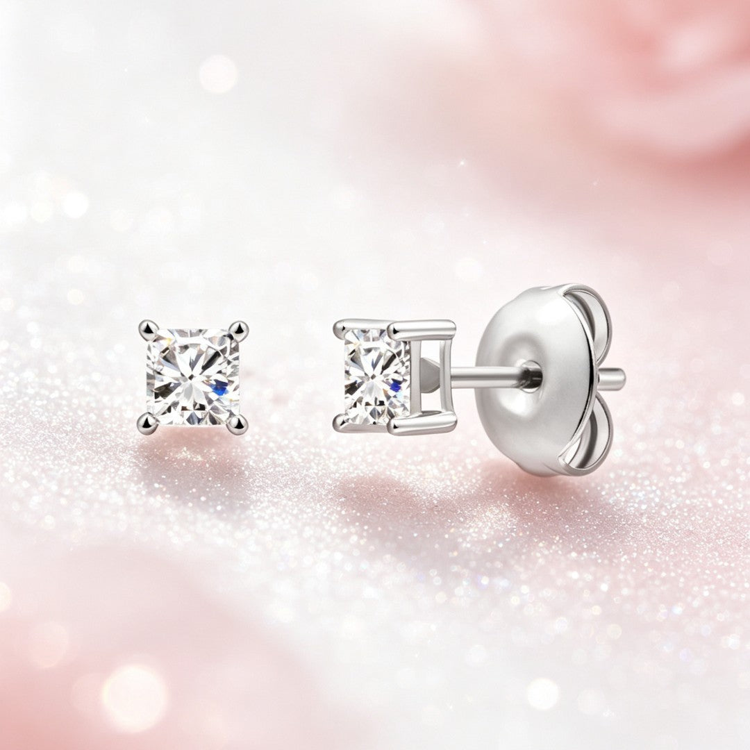 925 Sterling Silver Lab Grown Diamond Princess Solitaire Earring Studs - 0.11ctw