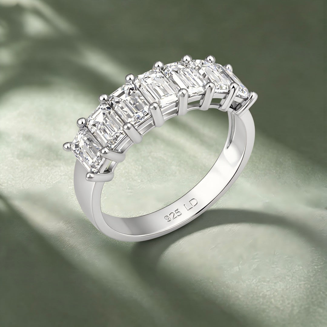 925 Sterling Silver Lab Grown Diamond Emerald Seven Stone Band-2.23ctw