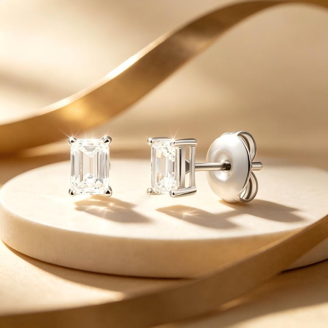 925 Sterling Silver Lab Grown Diamond Baggett Shape Earring Studs - 0.54ctw