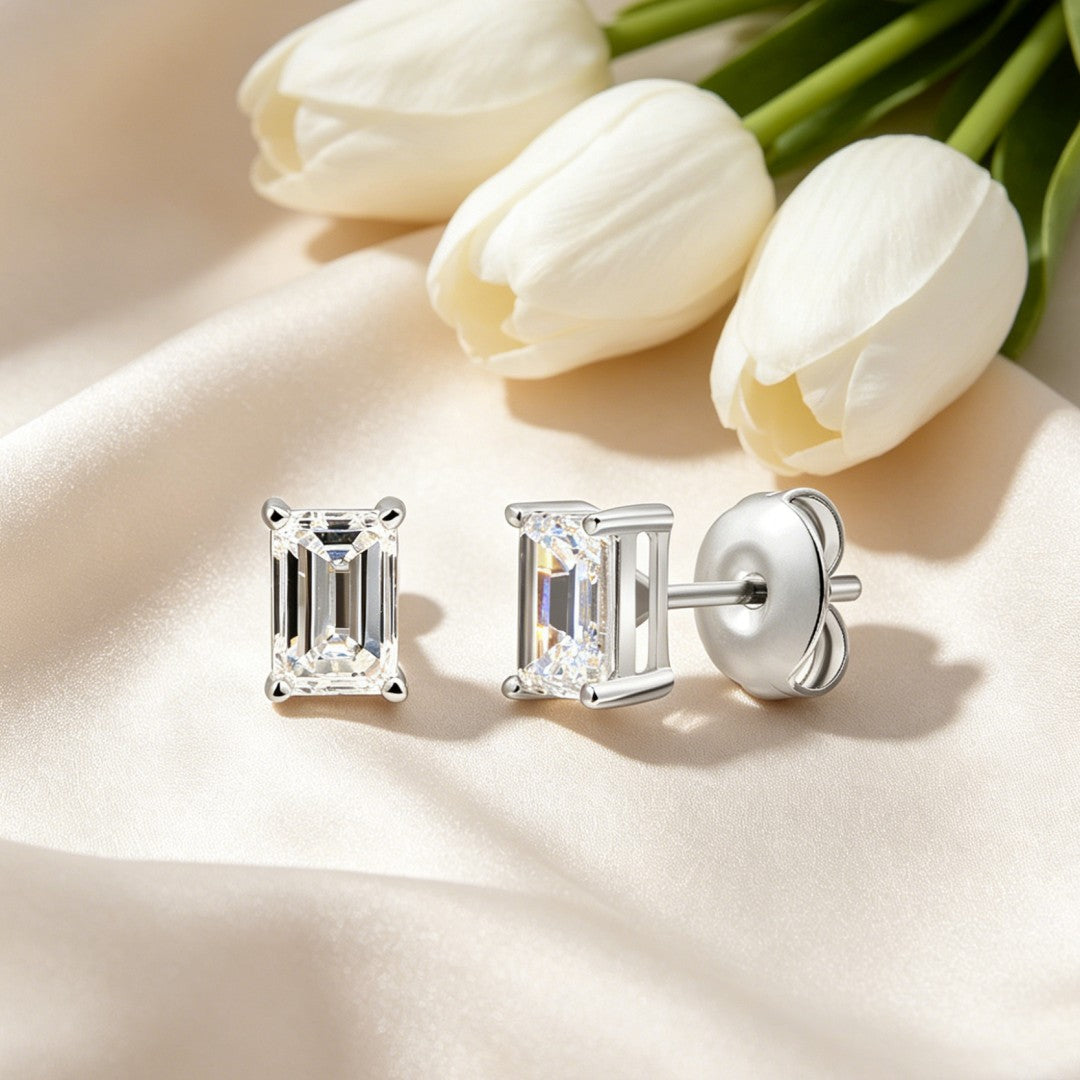 925 Sterling Silver Lab Grown Diamond Baggett Shape Earring Studs - 0.78ctw