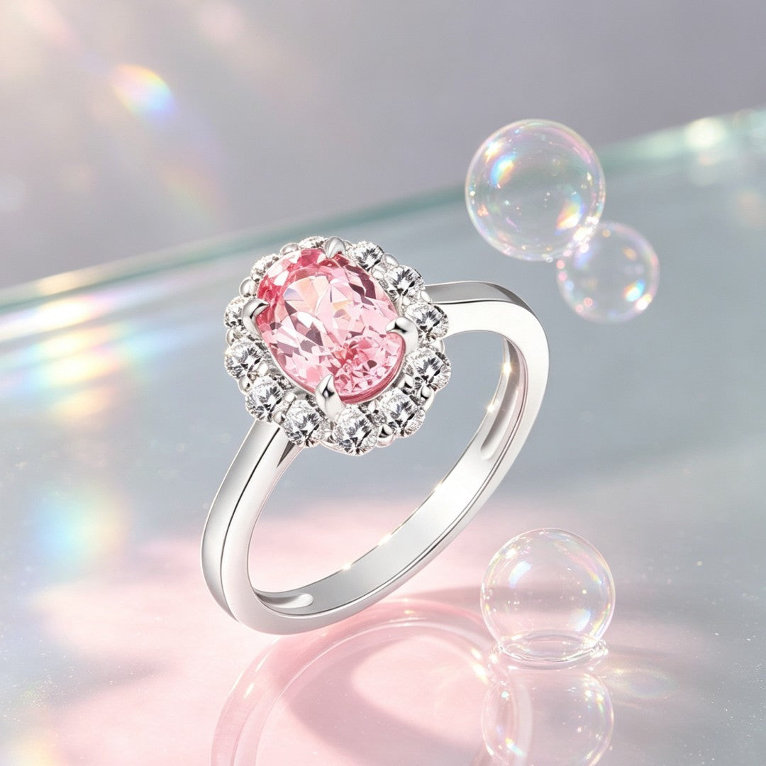 925 Sterling Silver Round Lab Grown Diamond and Oval Cut Lab Grown Pink Sapphire Engagement Ring