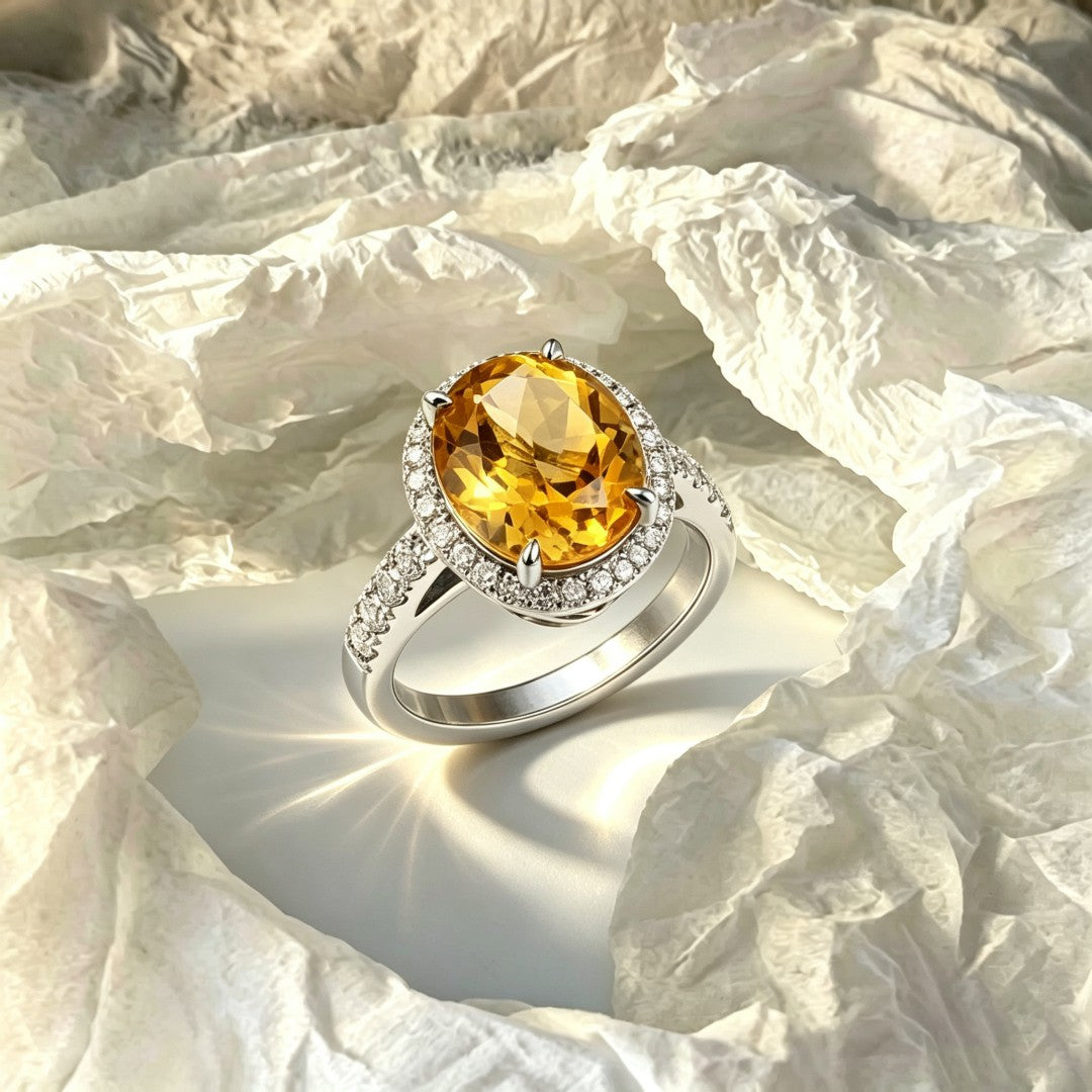 925 Sterling Silver Round Lab Grown Diamond and Oval Cut Citrine Fashion Ring