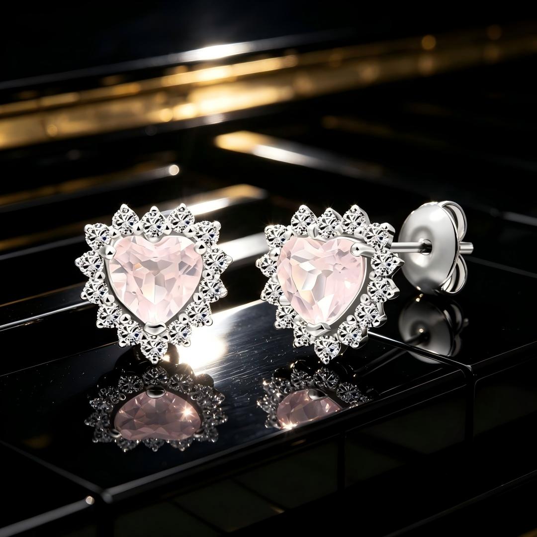 925 Sterling Silver Earrings with Round Lab Grown Diamond and Heart Cut Natural Rose Quatz