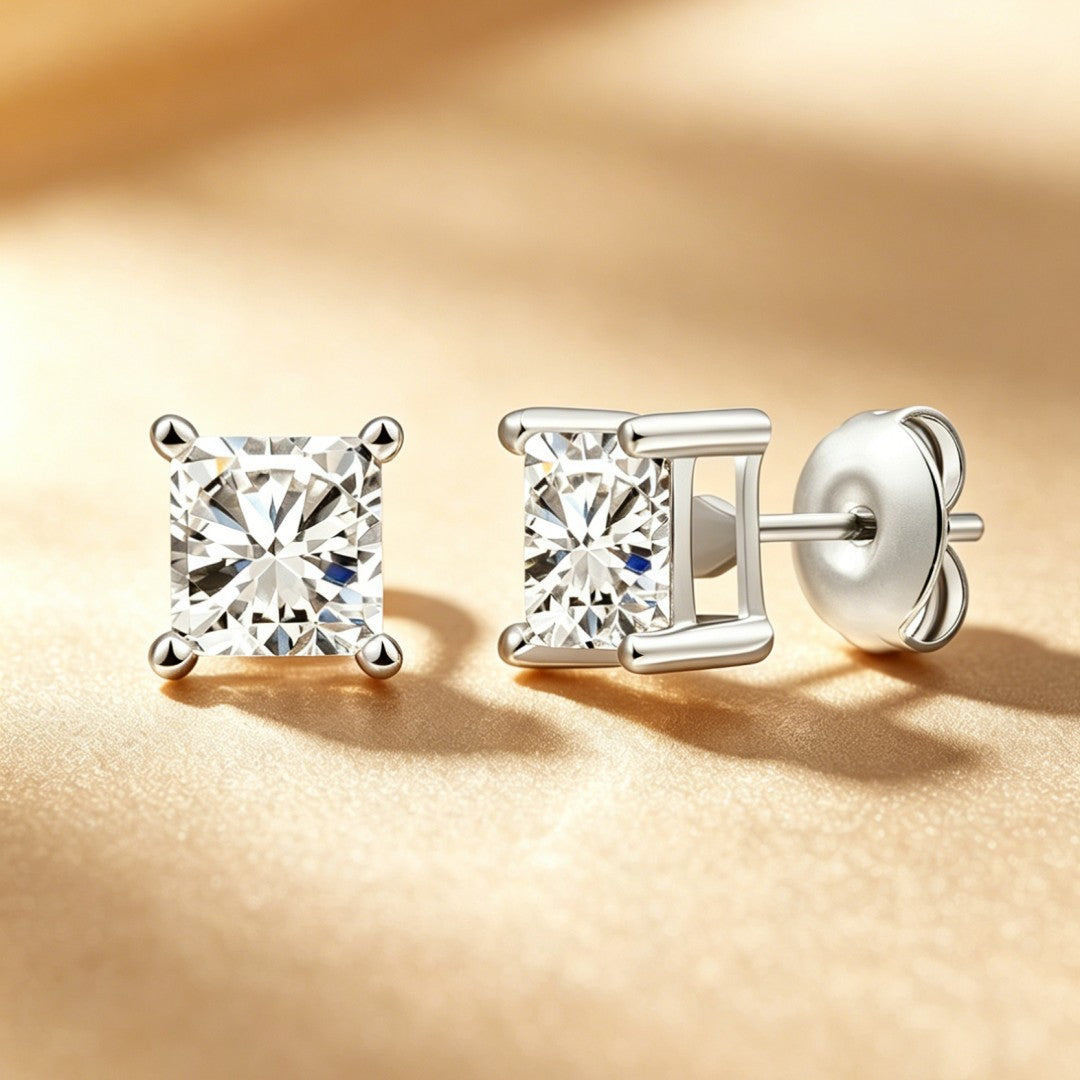 925 Sterling Silver Lab Grown Diamond Princess Solitaire Studs - 1ctw