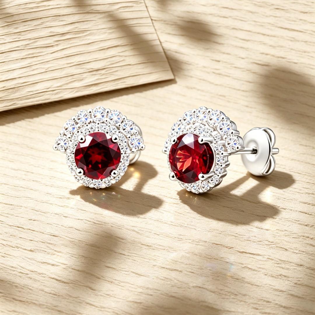 925 Sterling Silver Earrings with Round Lab Grown Diamond and Natural Garnet