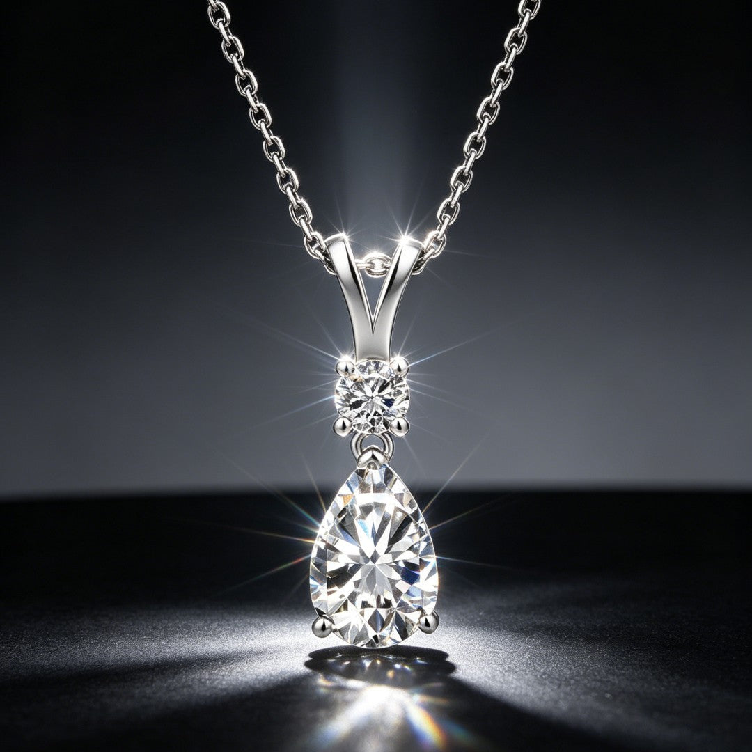 925 Sterling Silver Lab Grown Diamond Round & Pear Drop Necklace