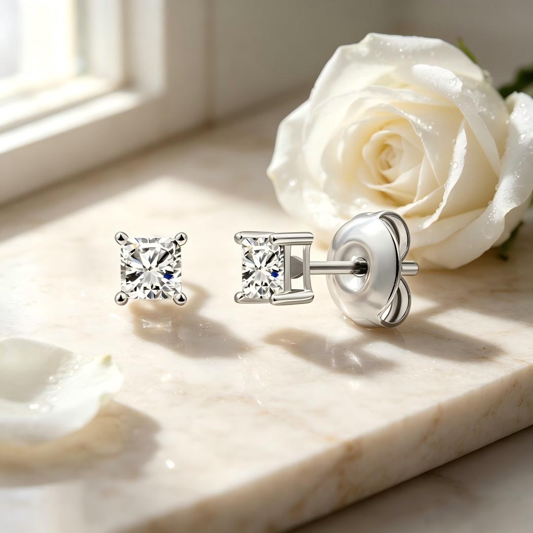 925 Sterling Silver Lab Grown Diamond Princess Solitaire Earring Studs - 0.18ctw