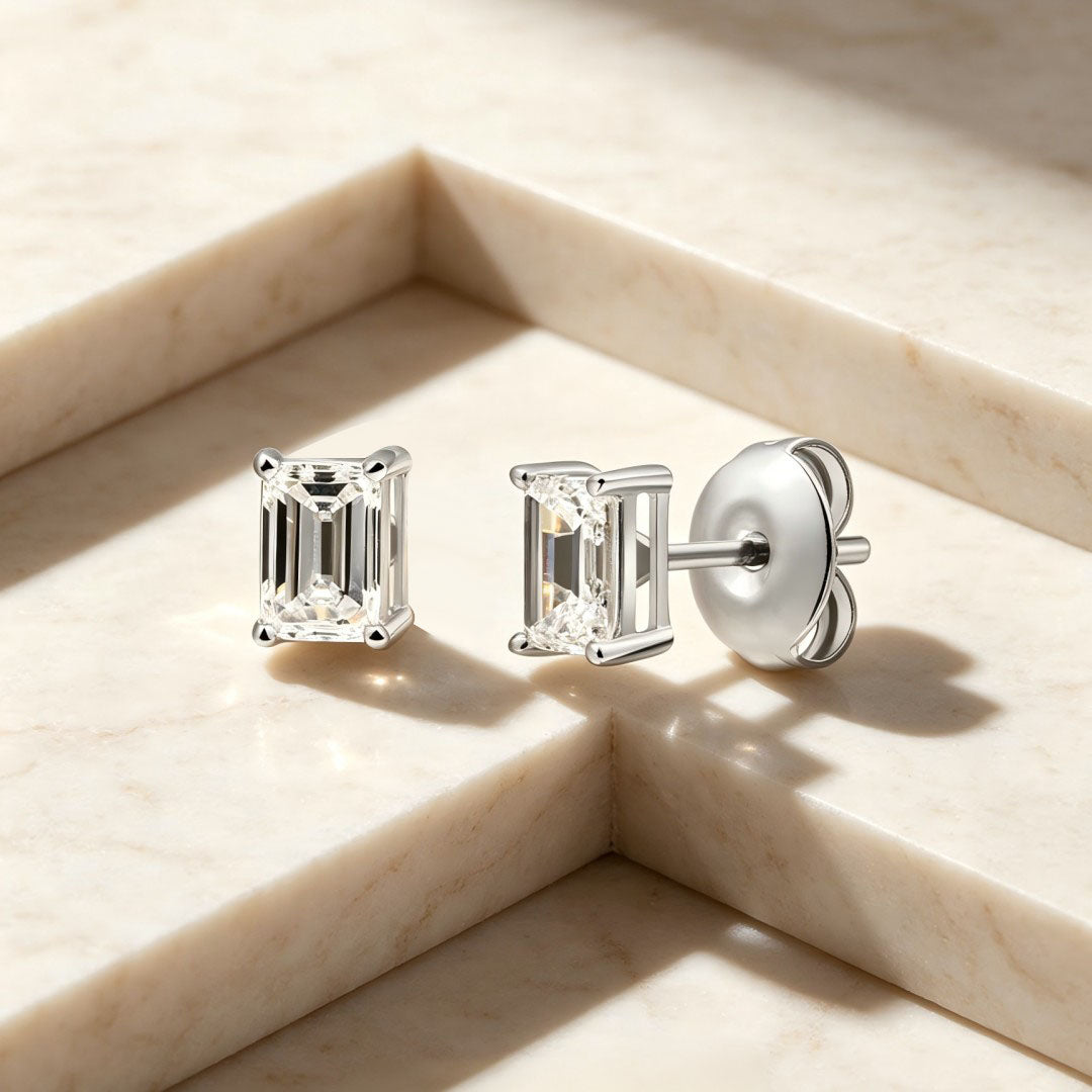 925 Sterling Silver Lab Grown Diamond Baggett Shape Earring Studs - 0.84ctw