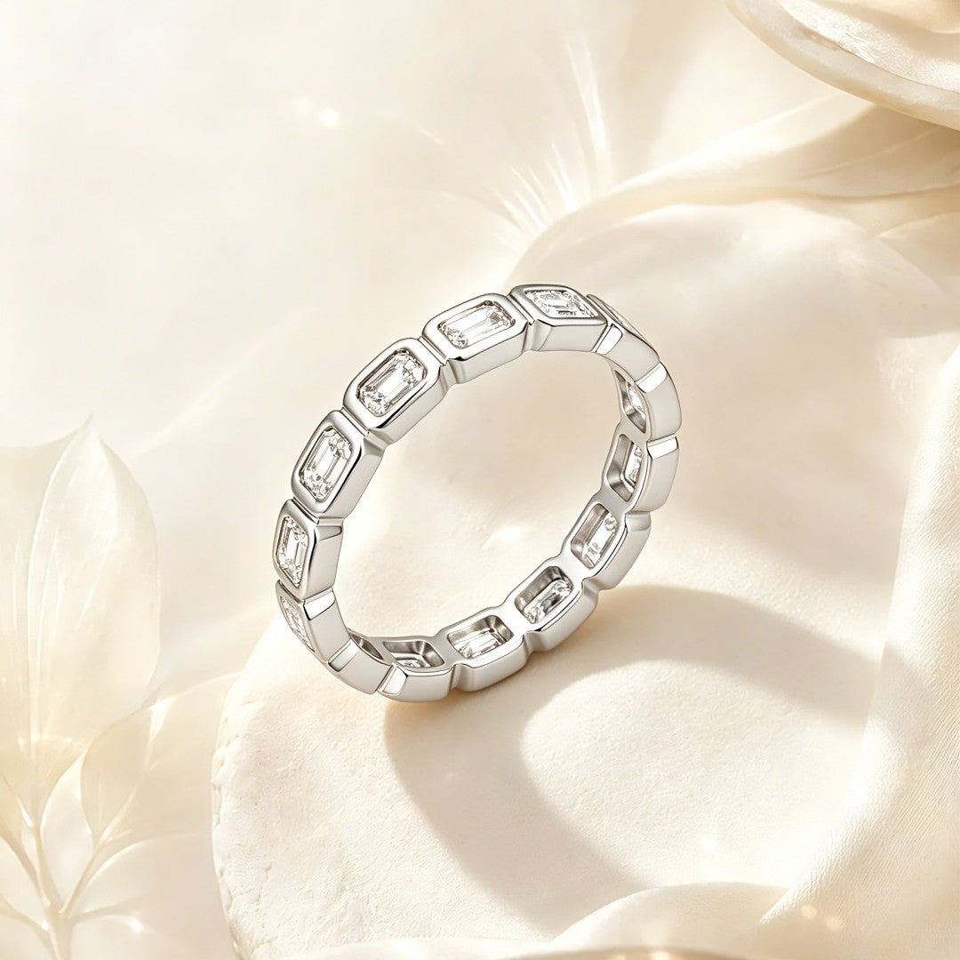 925 Sterling Silver Lab Grown Diamond Baggett Shape East-West Bezel Eternity Band Rings-1.42ctw