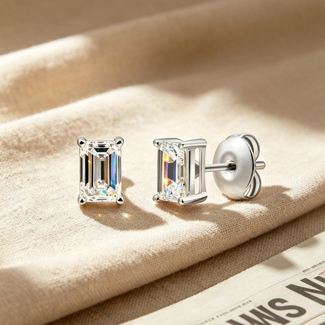 925 Sterling Silver Lab Grown Diamond Baggett Shape Earring Studs - 0.78ctw