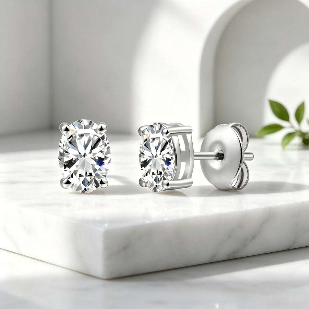 925 Sterling Silver Lab Grown Diamond Oval  Earring Studs - 0.71ctw