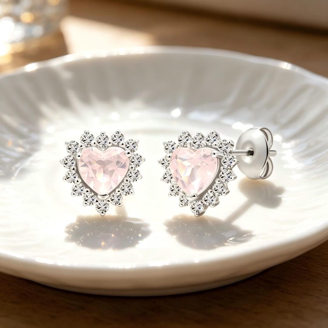 925 Sterling Silver Earrings with Round Lab Grown Diamond and Heart Cut Natural Rose Quatz