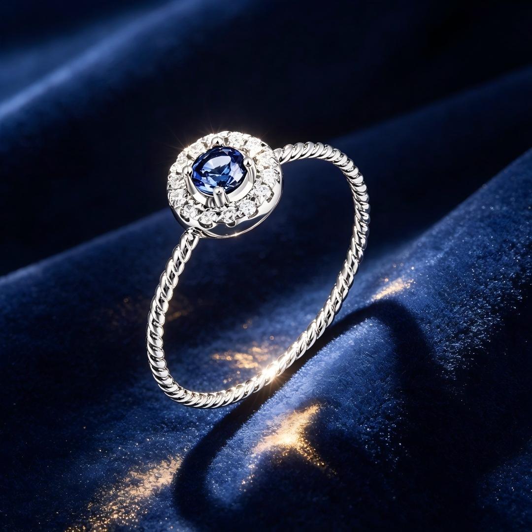 925 Sterling Silver Round Lab Grown Diamond and Lab Grown Sapphire Halo Ring