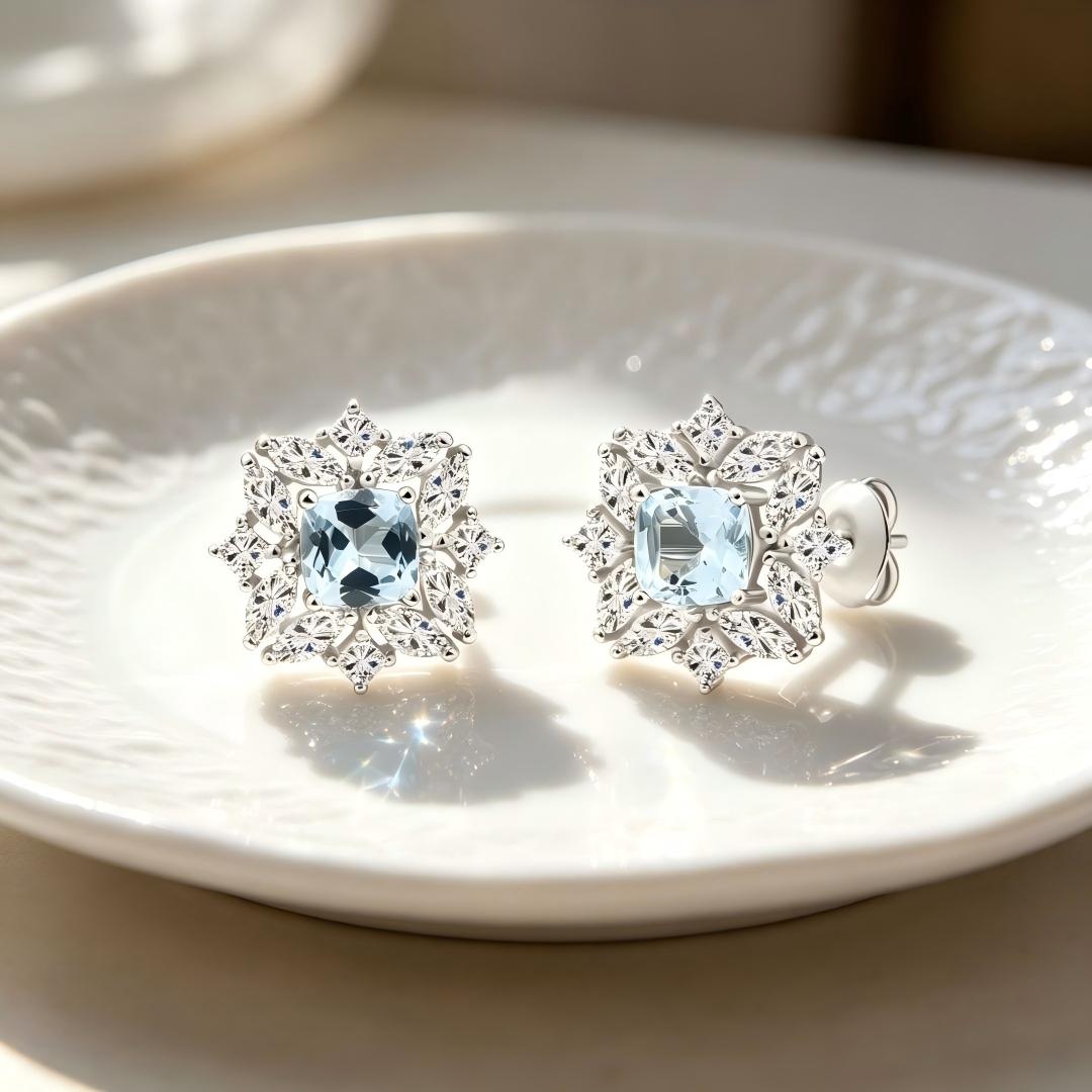 925 Sterling Silver with Round & Marquise Moissanite and Square Cut Natural Bule Topaz Earrings