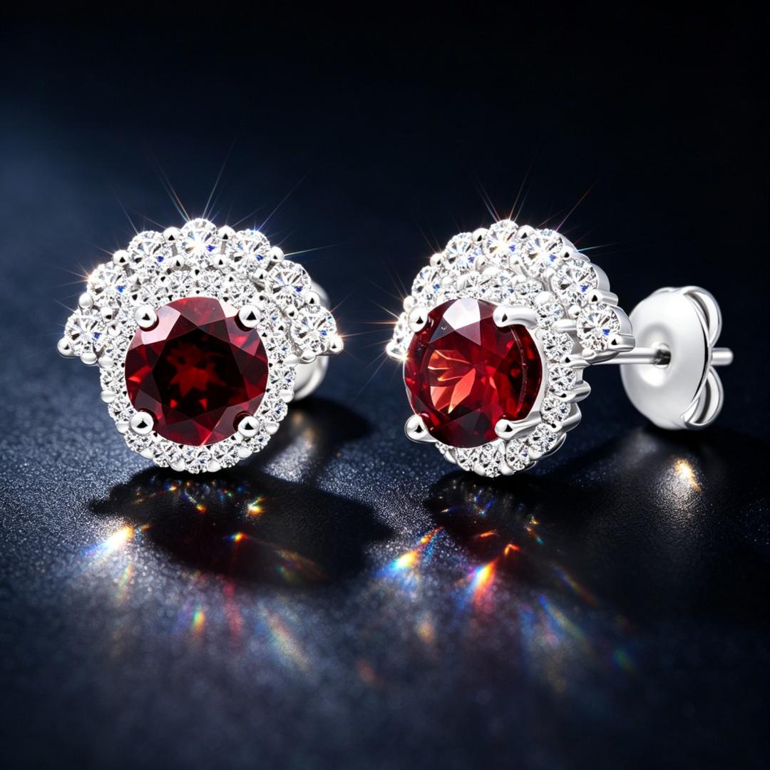 925 Sterling Silver Earrings with Round Lab Grown Diamond and Natural Garnet