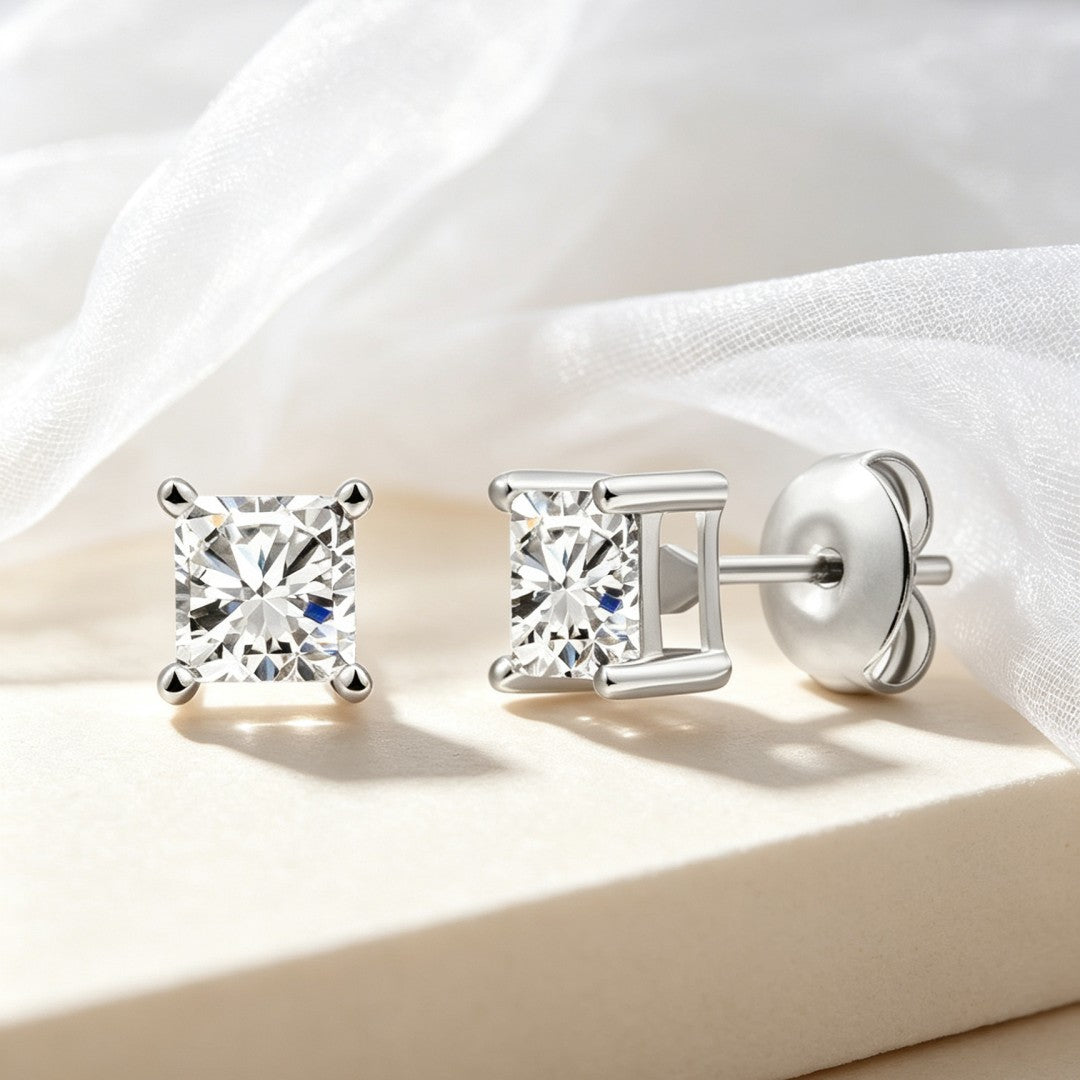 925 Sterling Silver Lab Grown Diamond Princess Solitaire Studs - 0.6ctw