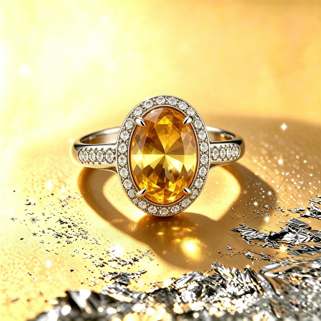 925 Sterling Silver Round Lab Grown Diamond and Oval Cut Citrine Fashion Ring