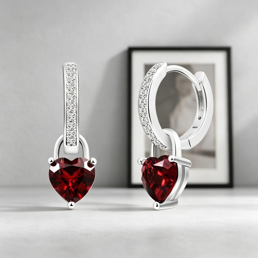 925 Sterling Silver Round Lab Grown Diamond and Heart Cut Natural Garnet Drop Hoop Earrings