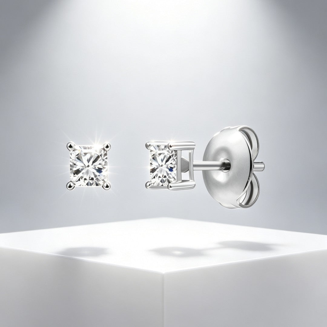 925 Sterling Silver Lab Grown Diamond Princess Solitaire Earring Studs - 0.11ctw