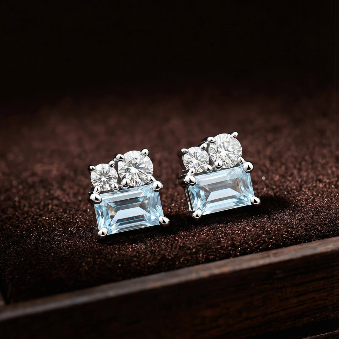 925 Sterling Silver with Round Lab Grown Diamond and Emerald Cut Natural Bule Topaz Earrings