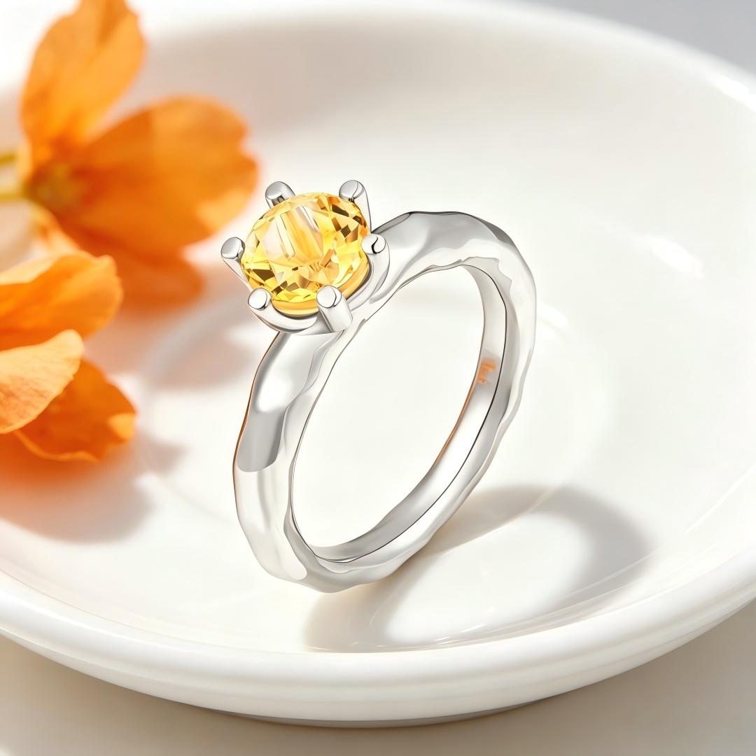 925 Sterling Silver Round Natural Citrine Solitaire Ring
