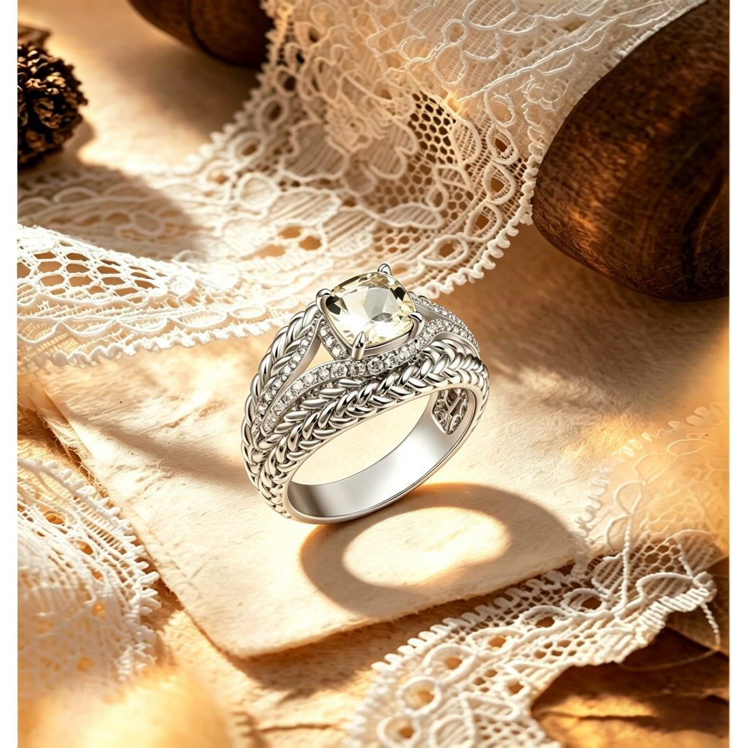 925 Sterling Silver Fashion Ring Set with Lab-Grown Diamonds & Cushion Cut Green Amethysts