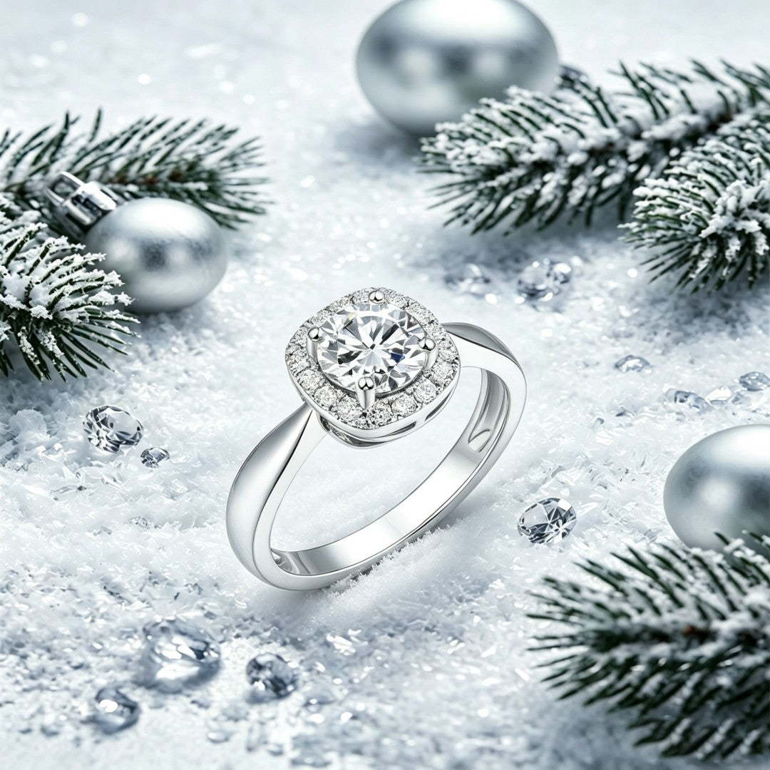 925 Sterling Silver Lab Grown Diamond Halo Style Ring-1.18ctw