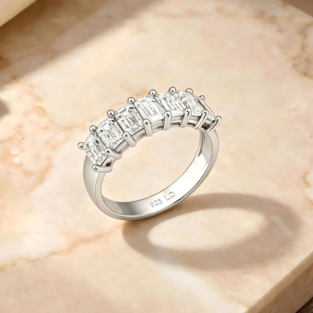 925 Sterling Silver Lab Grown Diamond Emerald Seven Stone Band-2.23ctw