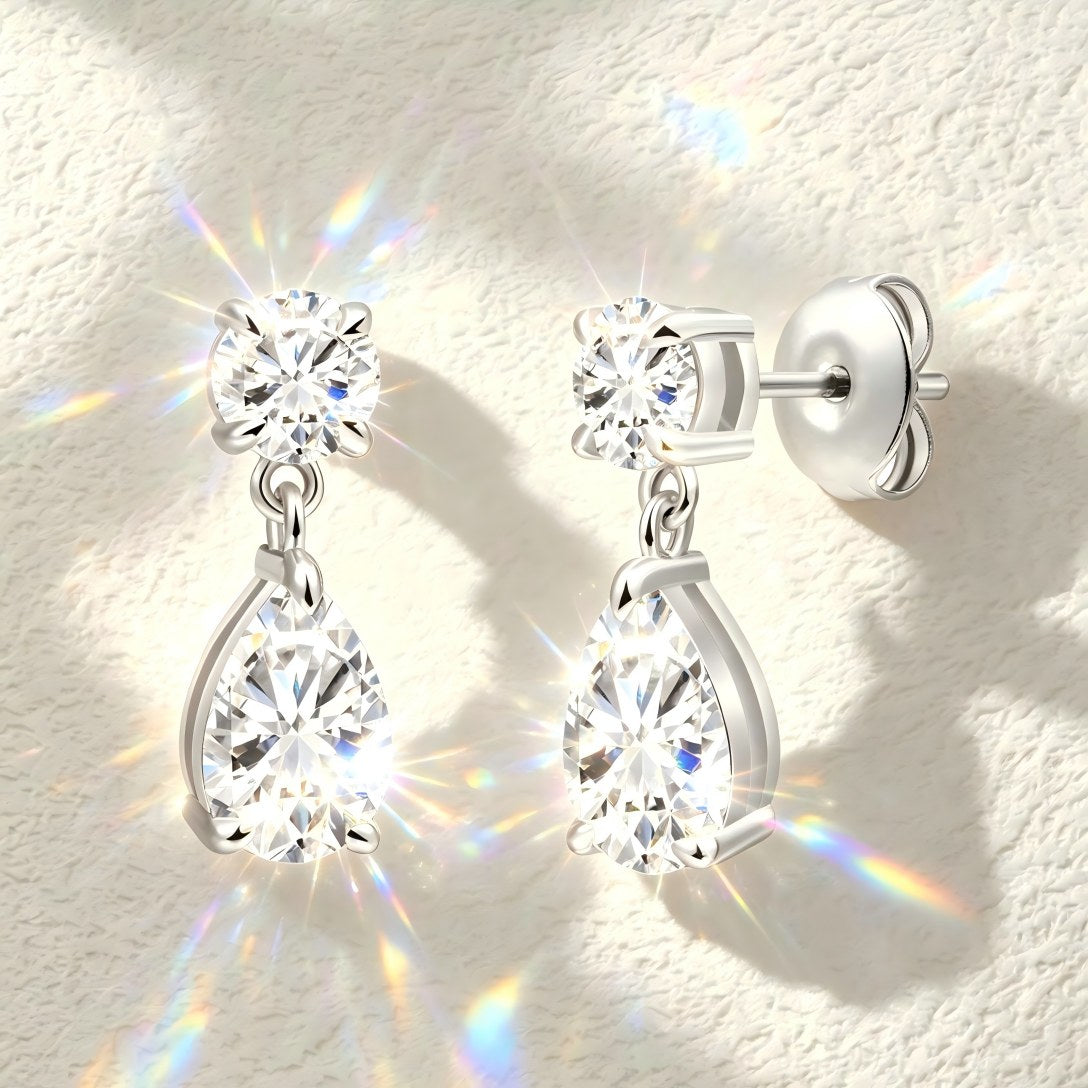 925 Sterling Silver Lab Grown Diamond Round & Pear Drop Earrings