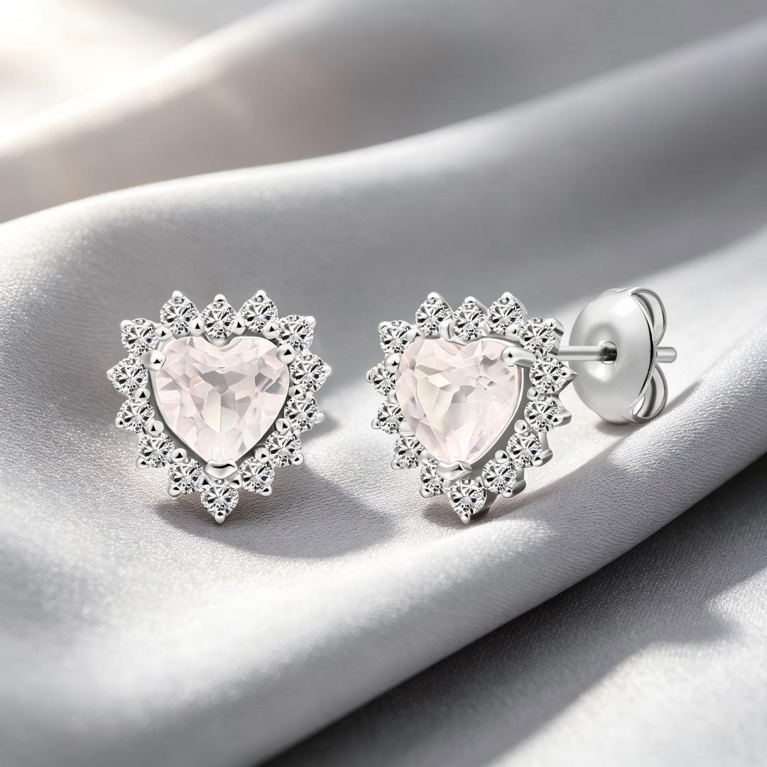 925 Sterling Silver Earrings with Round Lab Grown Diamond and Heart Cut Natural Rose Quatz