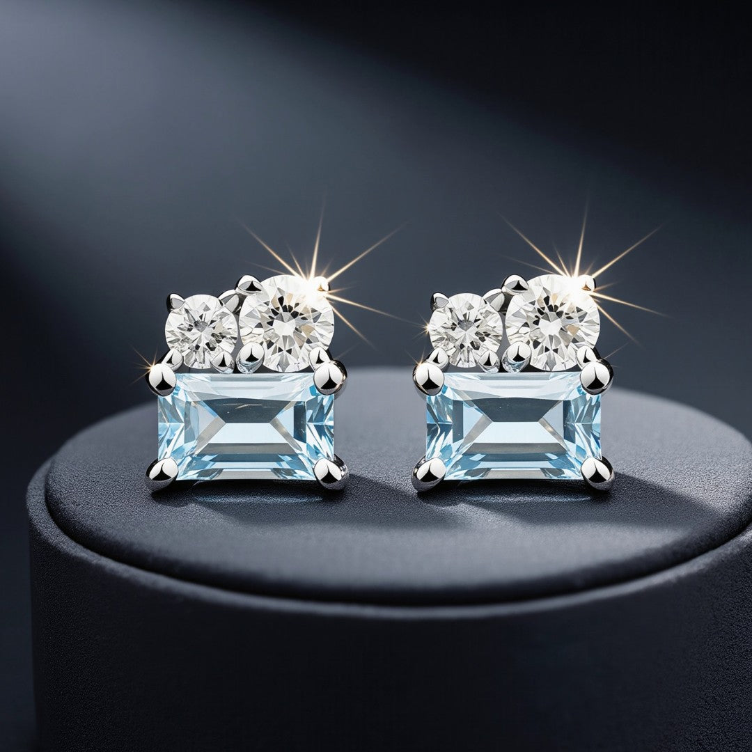 925 Sterling Silver with Round Lab Grown Diamond and Emerald Cut Natural Bule Topaz Earrings