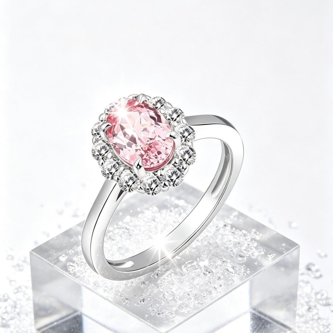 925 Sterling Silver Round Lab Grown Diamond and Oval Cut Lab Grown Pink Sapphire Engagement Ring