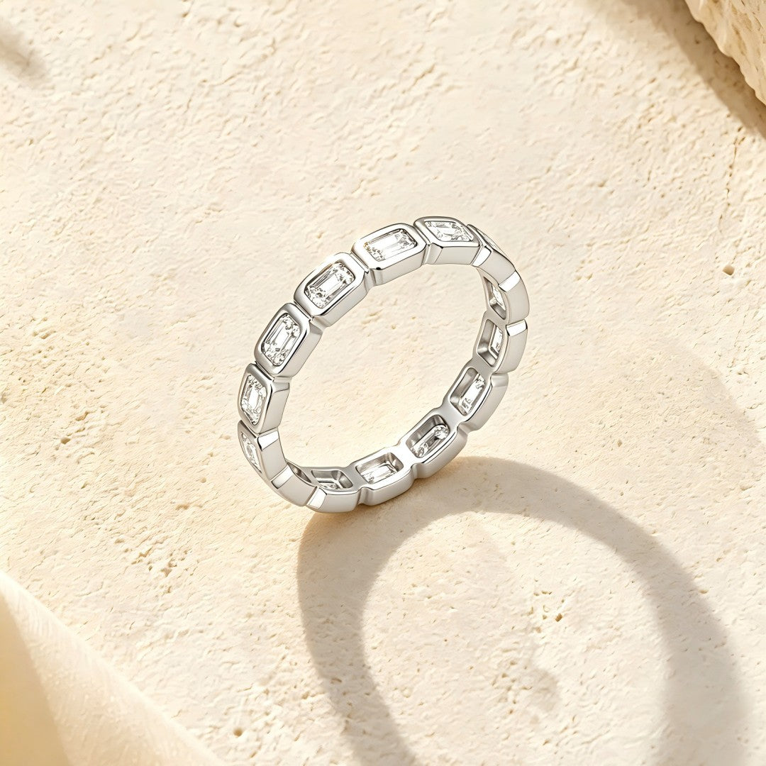 925 Sterling Silver Lab Grown Diamond Baggett Shape East-West Bezel Eternity Band Rings-1.42ctw