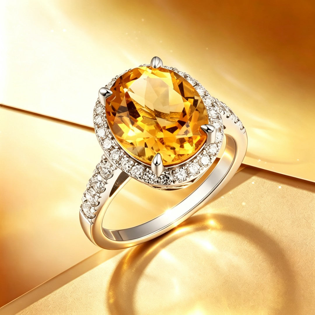 925 Sterling Silver Round Lab Grown Diamond and Oval Cut Citrine Fashion Ring
