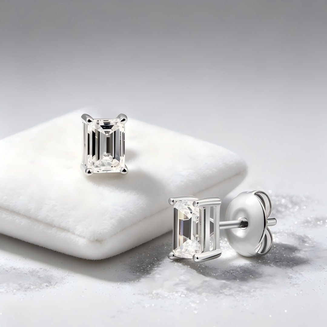 925 Sterling Silver Lab Grown Diamond Baggett Shape Earring Studs - 0.78ctw