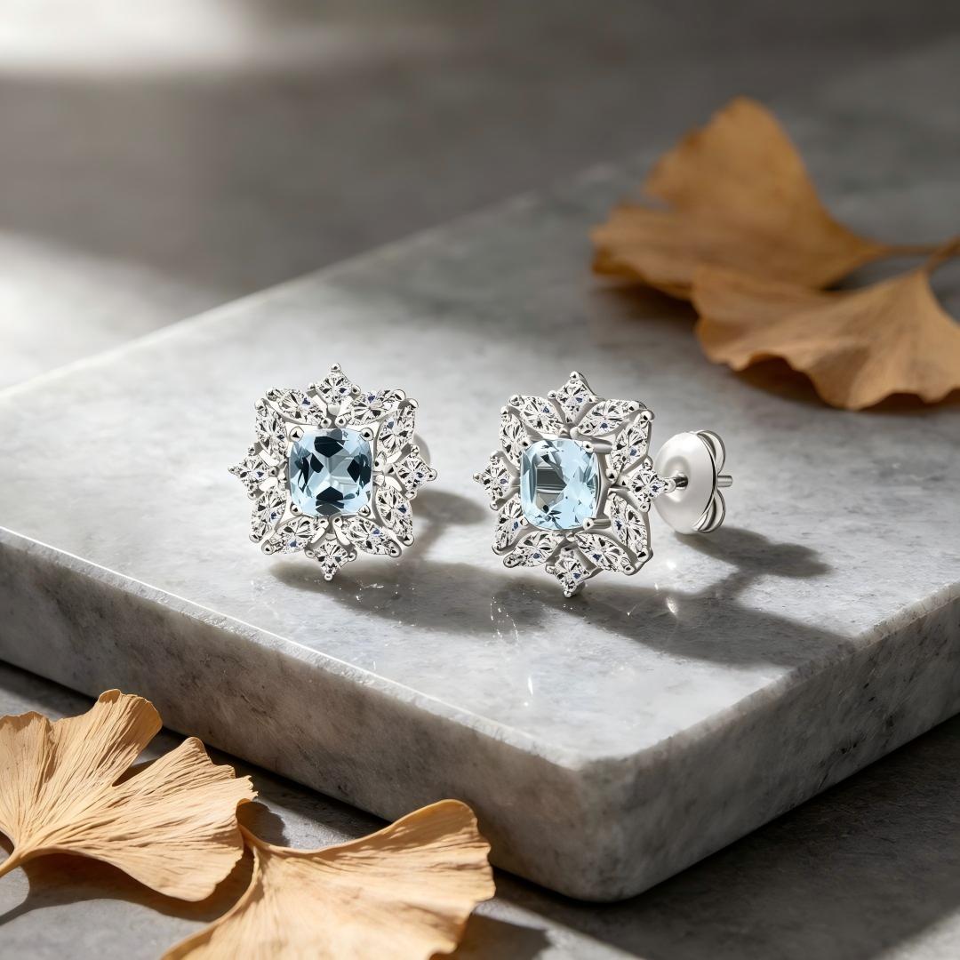 925 Sterling Silver with Round & Marquise Moissanite and Square Cut Natural Bule Topaz Earrings