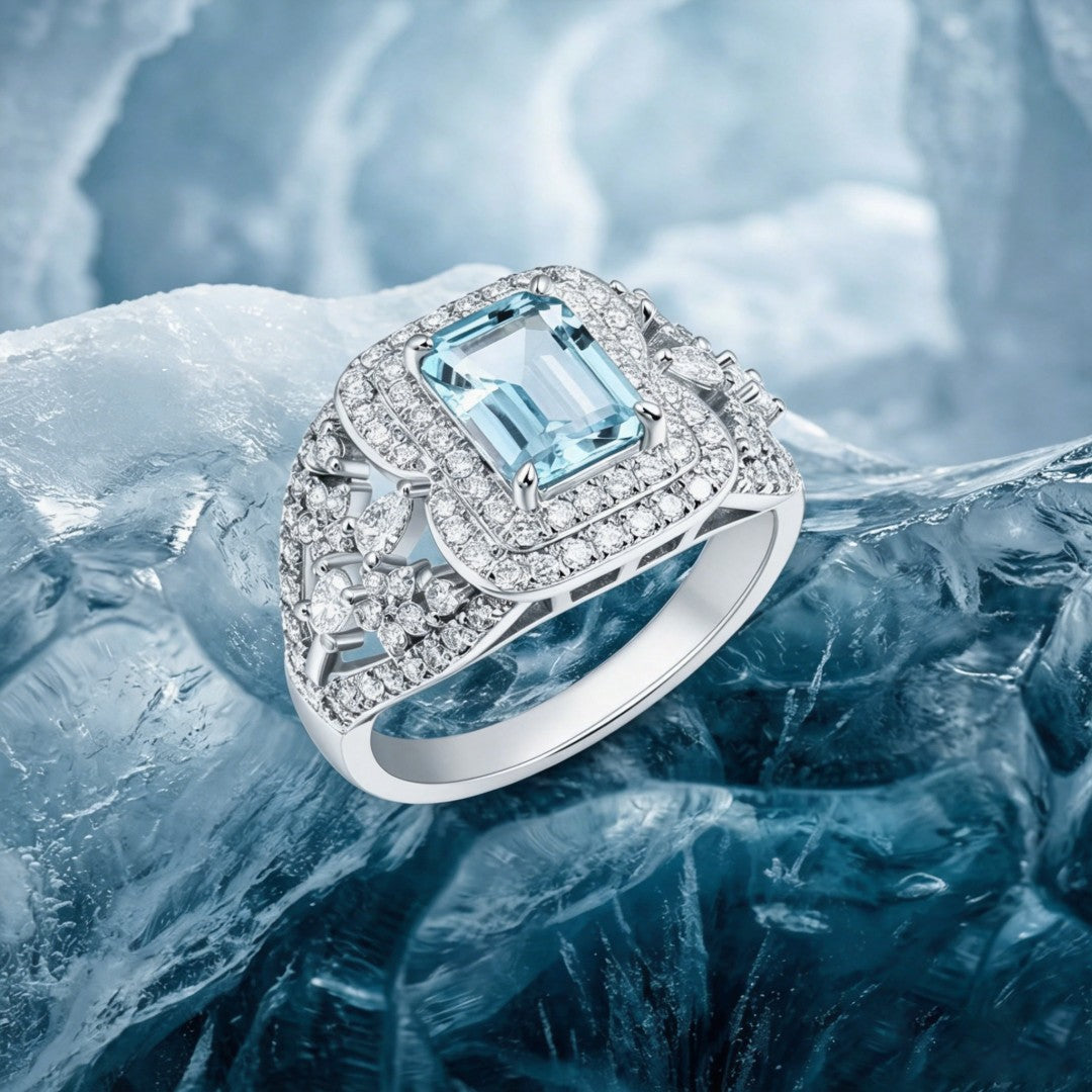 925 Sterling Silver Ring Set with Lab-Grown Diamonds & Emerald Cut Bule Topaz