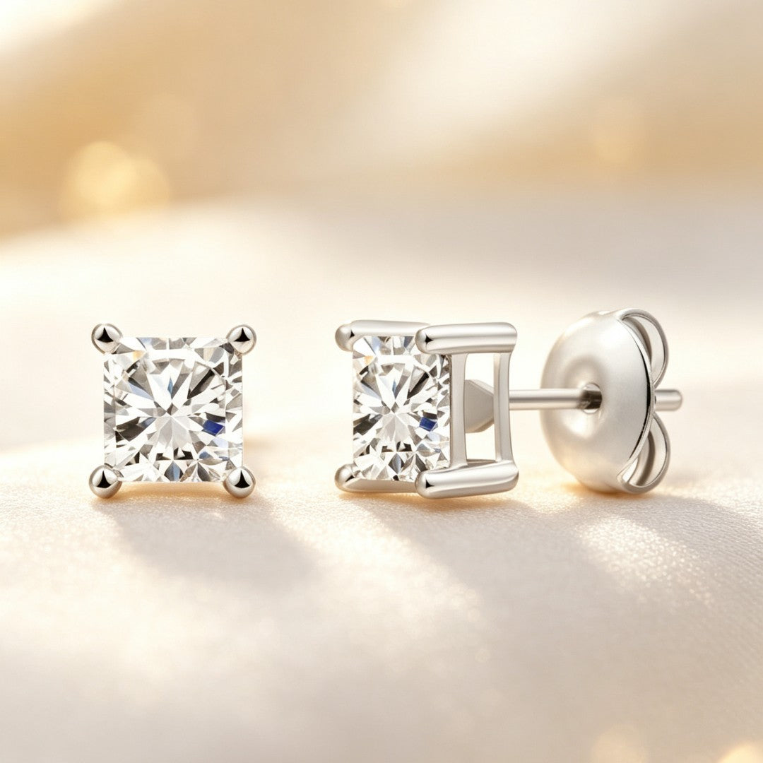 925 Sterling Silver Lab Grown Diamond Princess Solitaire Studs - 0.6ctw