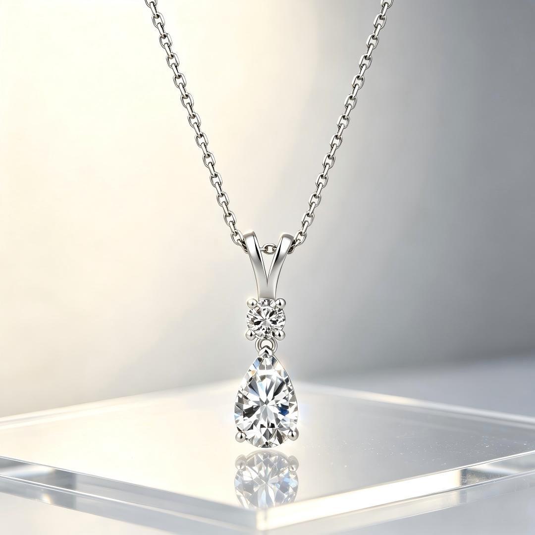 925 Sterling Silver Lab Grown Diamond Round & Pear Drop Necklace