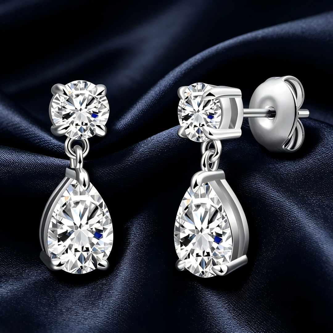 925 Sterling Silver Lab Grown Diamond Round & Pear Drop Earrings