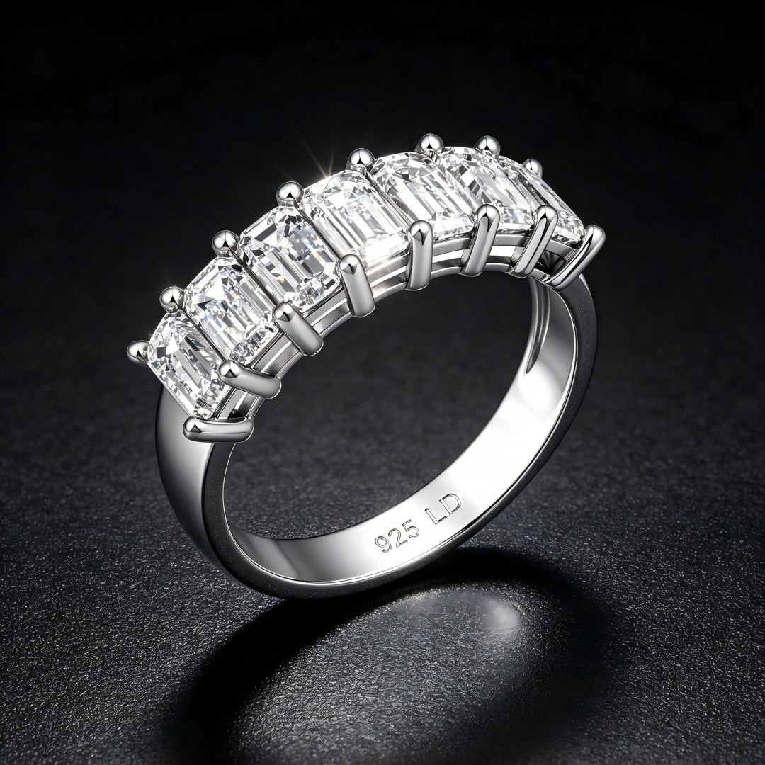 925 Sterling Silver Lab Grown Diamond Emerald Seven Stone Band-2.23ctw