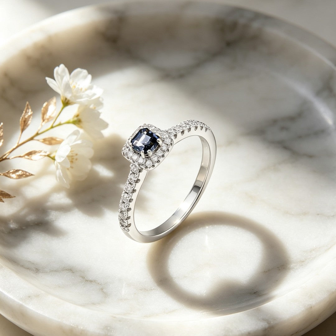 925 Sterling Silver Shoulder Ring Set with Lab-Grown Diamonds & Grey Spinel