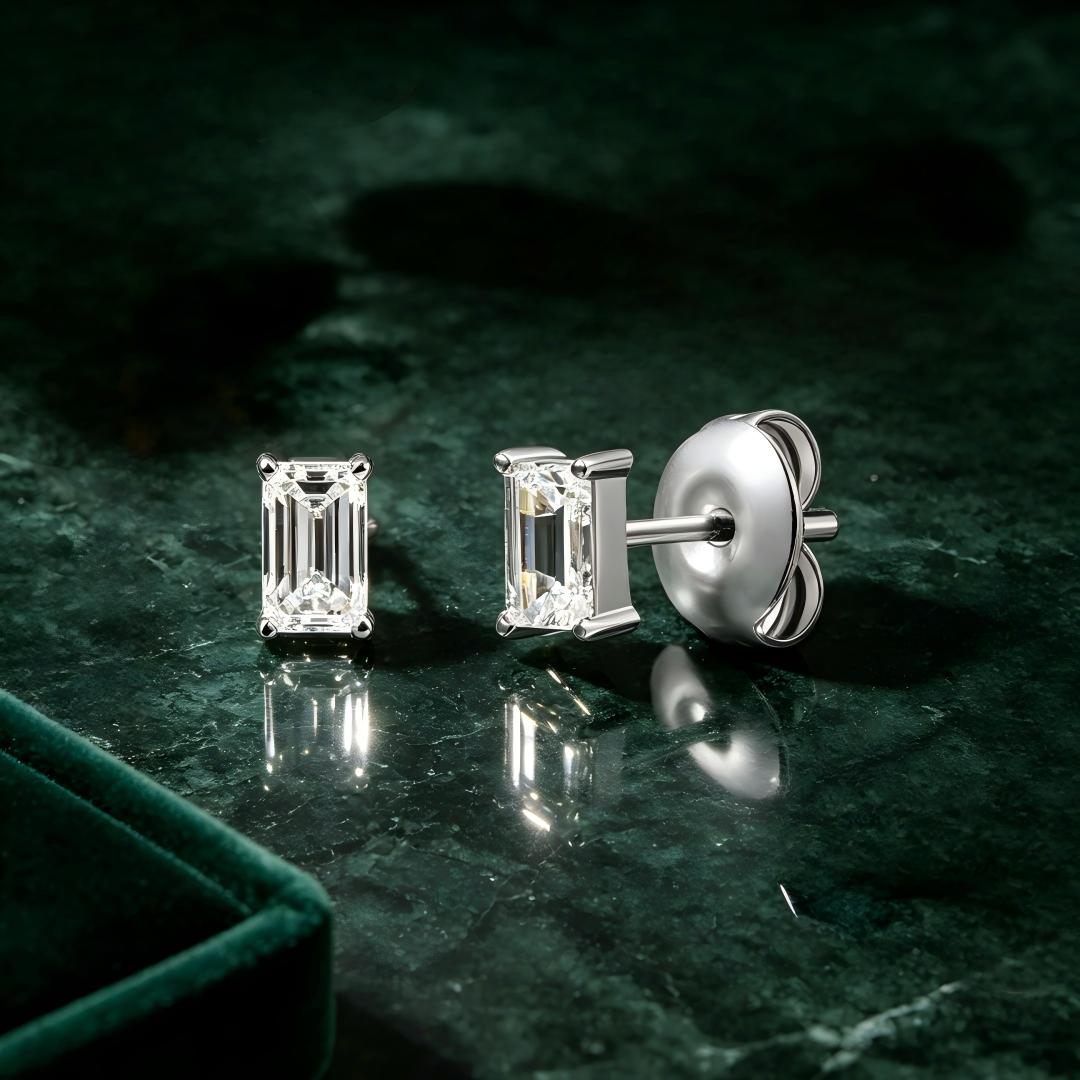 925 Sterling Silver Lab Grown Diamond Baggett Shape Earring Studs - 0.192ctw