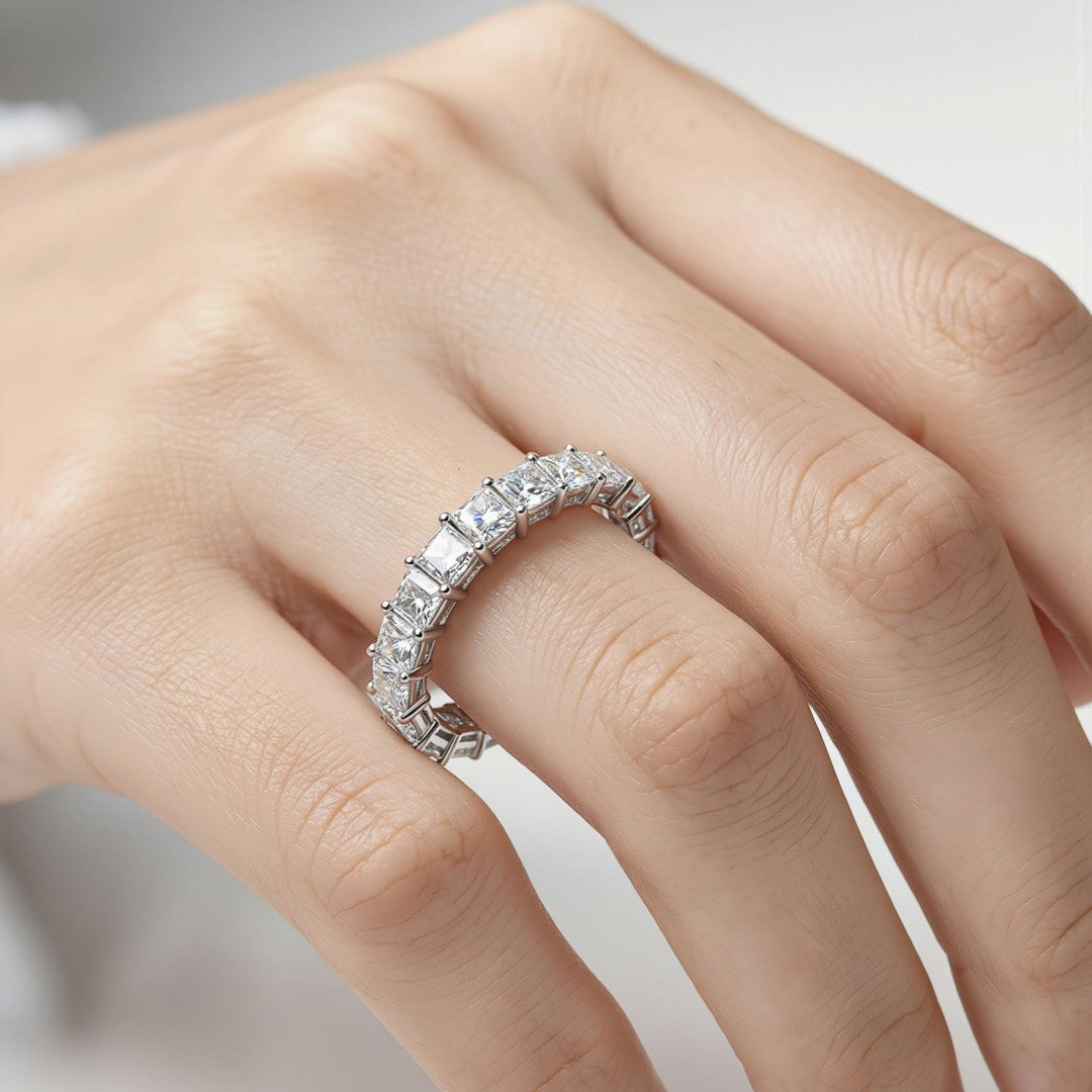 925 Sterling Silver Lab Grown Diamond Emerald Eternity Band-3.98ctw