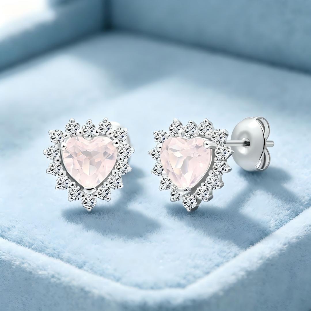 925 Sterling Silver Earrings with Round Lab Grown Diamond and Heart Cut Natural Rose Quatz