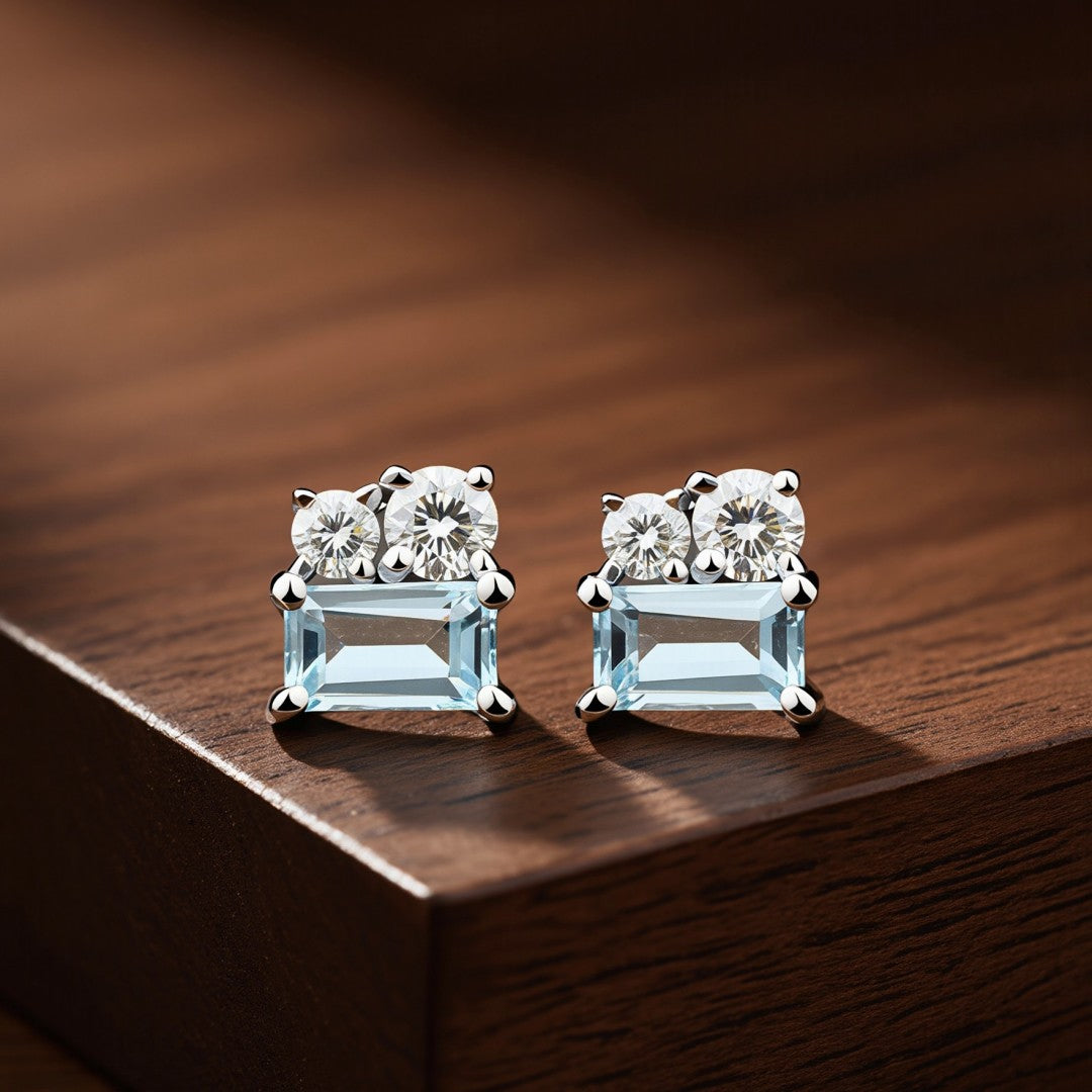 925 Sterling Silver with Round Lab Grown Diamond and Emerald Cut Natural Bule Topaz Earrings