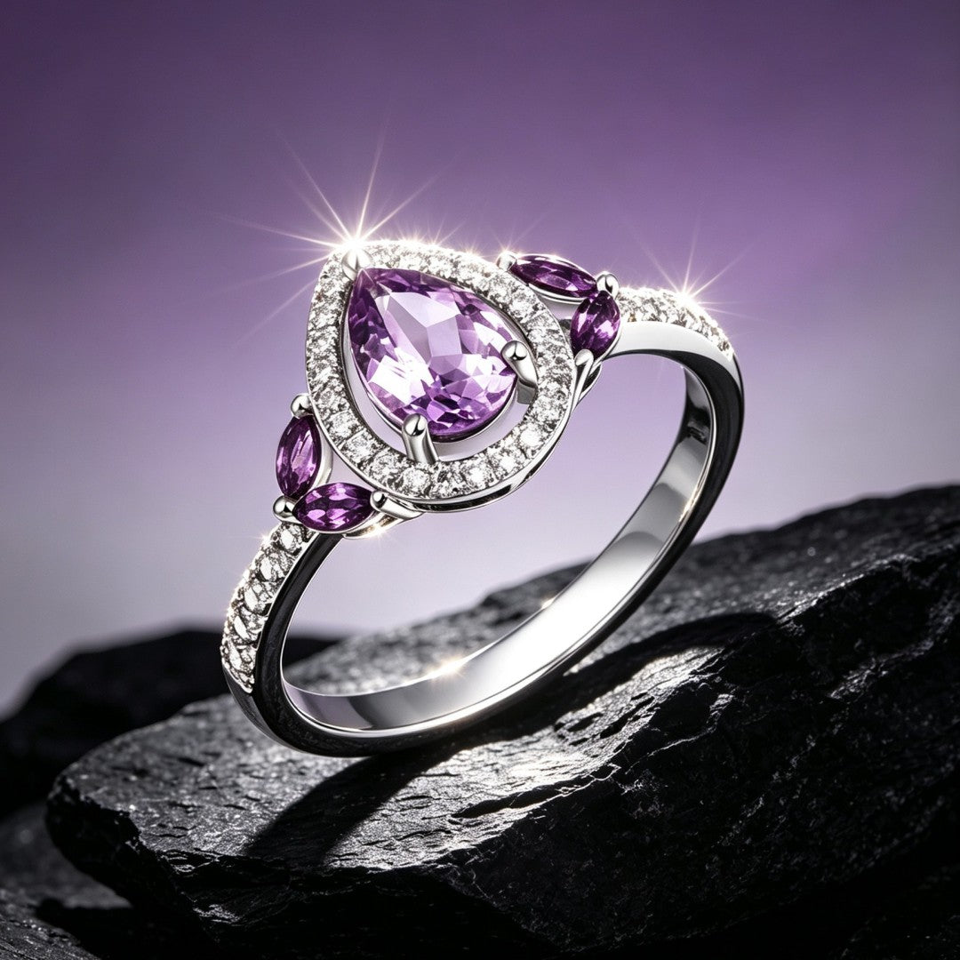 925 Sterling Silver Shoulder Ring Set with Lab-Grown Diamonds & Light Amethysts