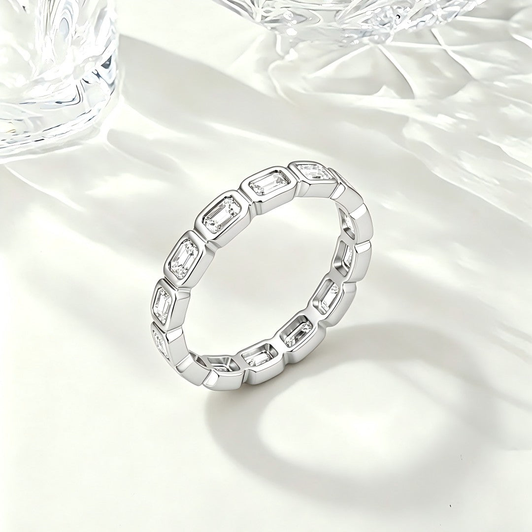 925 Sterling Silver Lab Grown Diamond Baggett Shape East-West Bezel Eternity Band Rings-1.42ctw