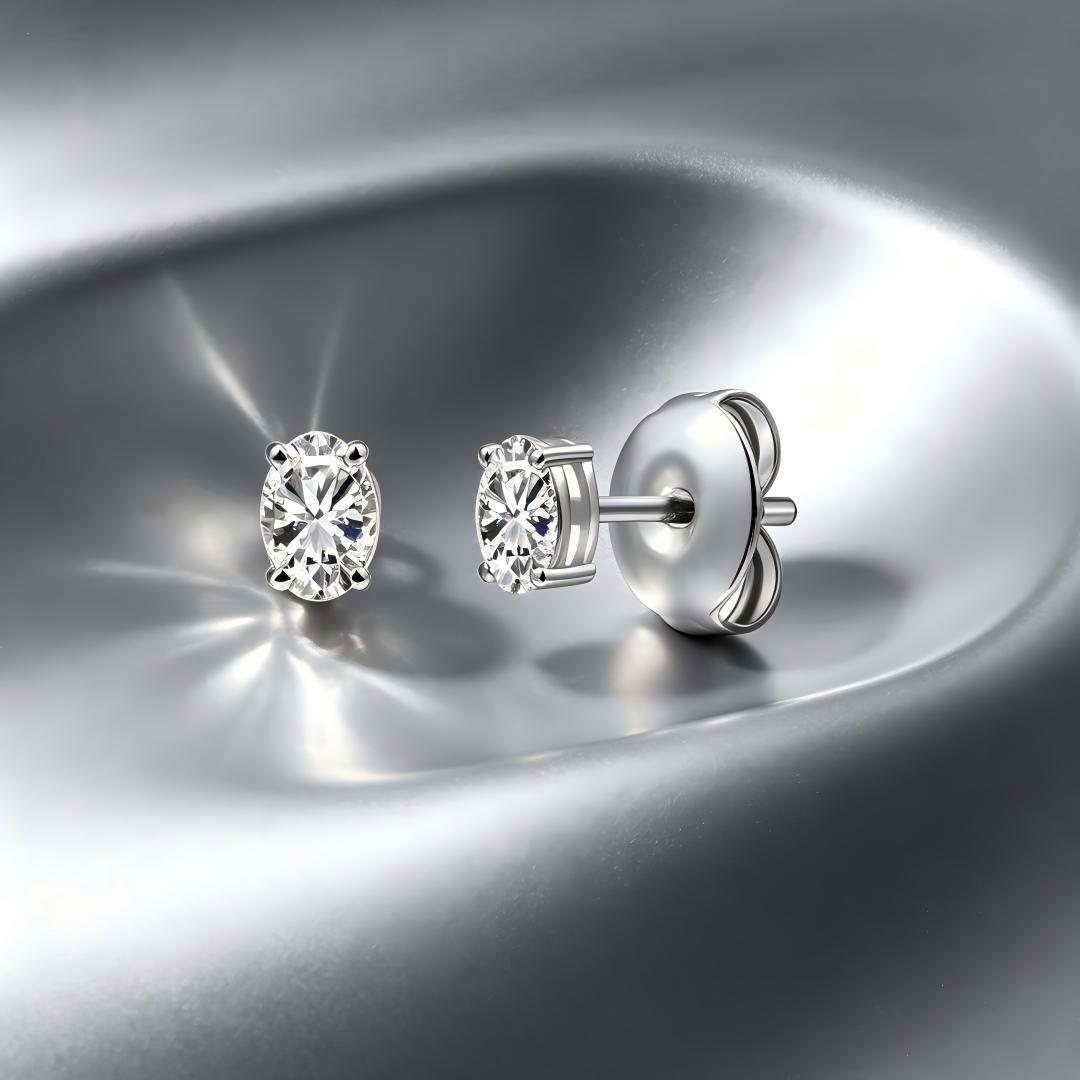 925 Sterling Silver Lab Grown Diamond Oval  Earring Studs - 0.09ctw