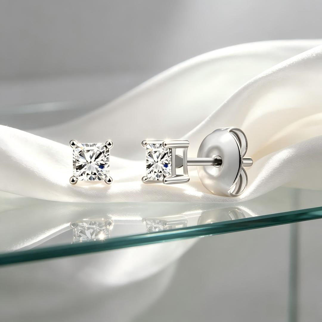 925 Sterling Silver Lab Grown Diamond Princess Solitaire Earring Studs - 0.18ctw